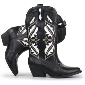 🆕Women's Black Embroidered Pointed Toe  Block Heel Cowgirl Western Booties